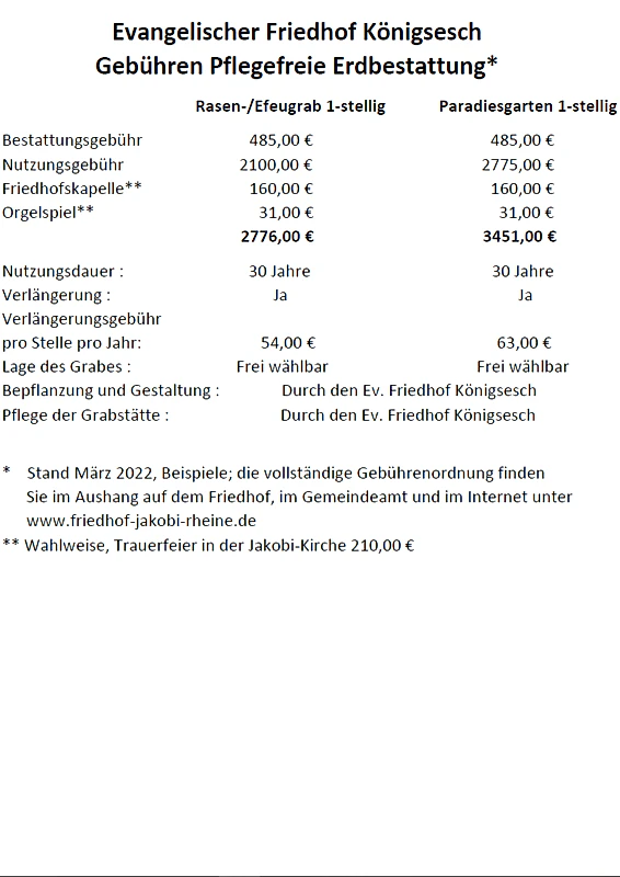 Gebührenliste Erdbestattung Rasen-/Efeugrab und Paradiesgarten