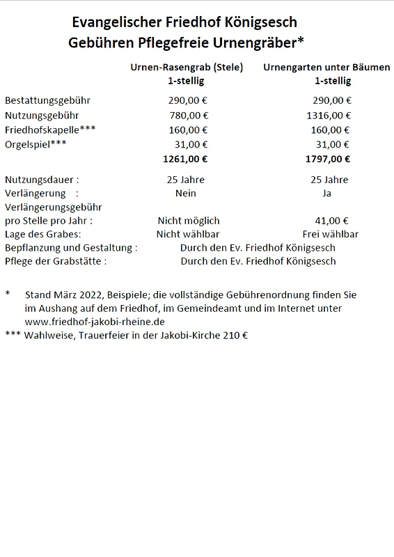 Gebührenliste Urnenbestattung Rasengrab (Stele) und Urnengarten unter Bäumen.