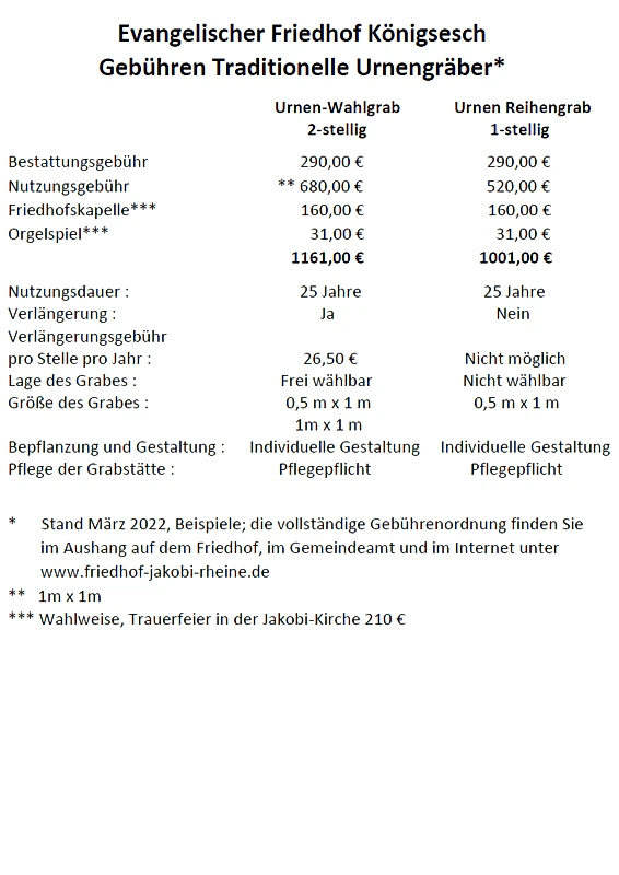 Gebührenliste Urnenbestattung Wahlgrab und Reihengrab.